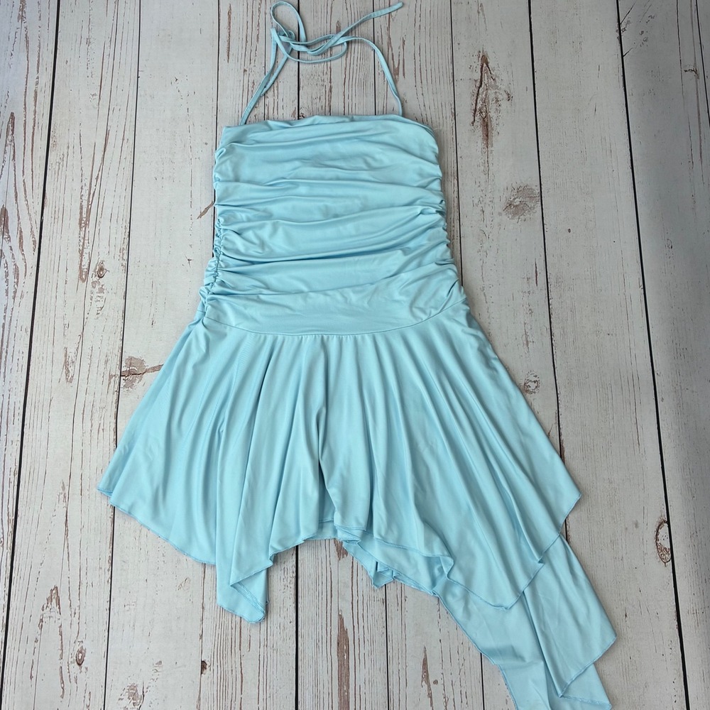 Light Blue Ruched Halter Asymmetrical Handkerchief Hem Mini Dress